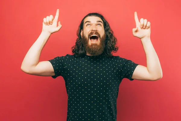 Excited Bearded Man Pointing His Both Hands Promotion — Stock Fotó