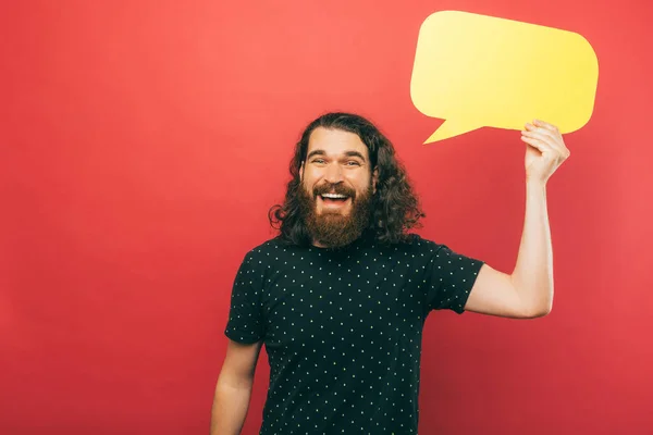 Picture Young Man Holding Speech Bubble Smiling Camera — Stockfoto