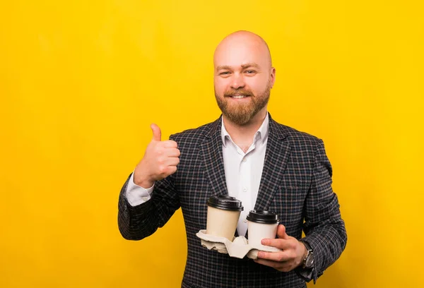 Business Man Holding Two Cups Coffee Thumb — Photo