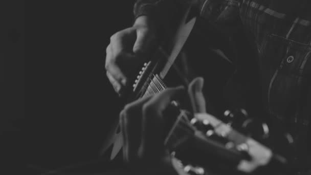 Black White Footage Man Playing Acoustic Guitar — Stockvideo