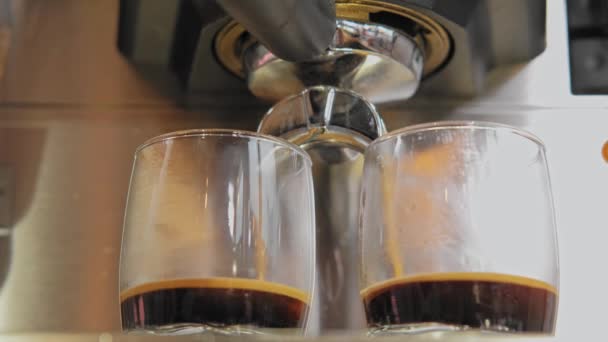 Close Footage Coffee Machine Preparing Two Espresso Low Angle View — Vídeo de Stock