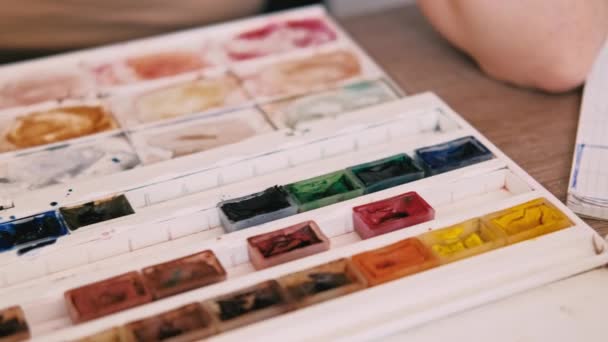 Close Footage Artist Woman Choosing Watercolor Colors Painting — Stock Video