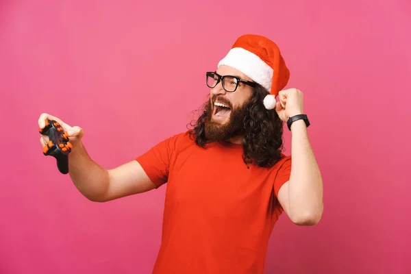 Homem Barbudo Com Chapéu Natal Ganhou Jogo Enquanto Jogava Com — Fotografia de Stock