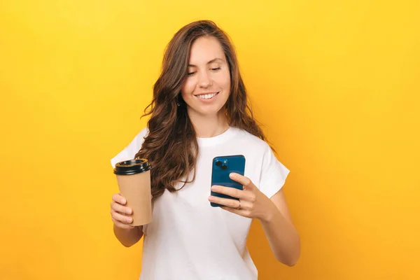 Cheerful Young Woman White Shirt Using Smartphone Holding Cup Coffee — Stock Photo, Image