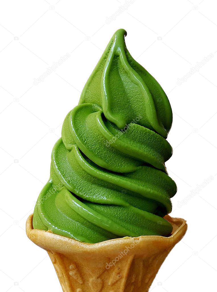 Isolated on white of green tea ice cream in a cone.