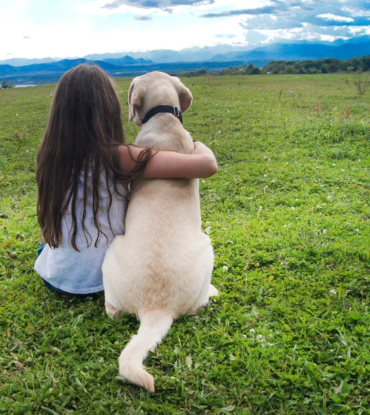 Друзья Саммер Девушка Собакой Зеленом Лугу — стоковое фото