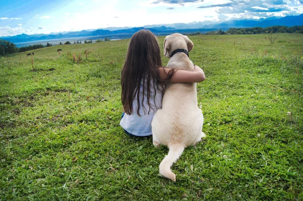 Vrienden Zomer Een Meisje Met Een Hond Een Groene Weide — Stockfoto