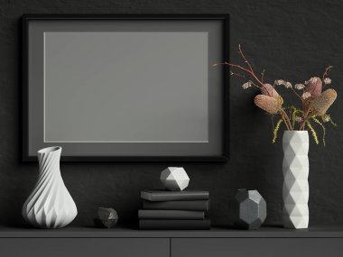 Beyaz seramik vazo, çiçekler, kitaplar ve geometrik kaplar, şık poster çerçeve koyu arkaplan, manzara oryantasyonu, 3 boyutlu tasvir, 3 boyutlu resimleme ile siyah alçı duvardaki resim çerçevesini düzenle