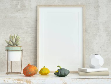 Eski ahşap masa üzerinde echeveria bitkisi, kitaplar ve dekoratif mini balkabakları ile alçı duvardaki poster çerçevesini taklit et; portre yönlendirme tarzı çerçeve modeli; 3 boyutlu tasvir, 3 boyutlu illüstrasyon