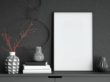 Çömlek vazosunda dalları, kitapları ve geometrik vazoları olan siyah alçı duvardaki model poster çerçevesi; şık resim çerçevesi portre yönelimi; 3D tasvir, 3D illüstrasyon