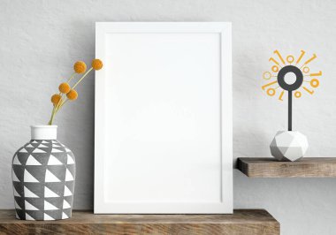 Beyaz alçı duvara karşı bir çömlek içinde sarı çiçekli çömlek vazosu ve dijital çiçekli ahşap çerçeveli resim çerçevesi; şık çerçeve portre yönelimi, 3D çizim, 3D illüstrasyon