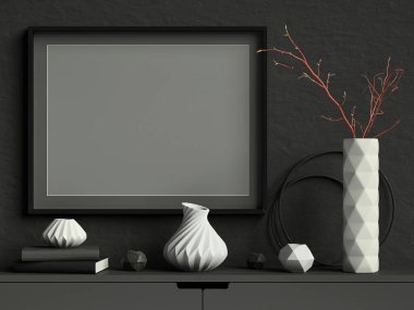 Siyah, beyaz seramik vazo, dallar, kitaplar ve geometrik çömlekler ile koyu alçı duvardaki poster çerçevesini taklit eder; manzara oryantasyonu; şık çerçeve arkaplan oluşturur; 3D canlandırma, 3D illüstrasyon