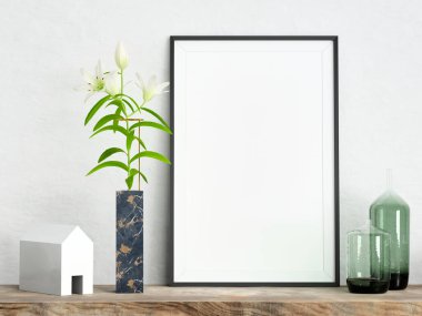Beyaz alçı duvardaki poster çerçevesini mermer vazoda zambak, ahşap rafta ev modeli ve cam vazolar; portre oryantasyonu; zarif çerçeve modelleme arka planı; 3D canlandırma, 3D illüstrasyon