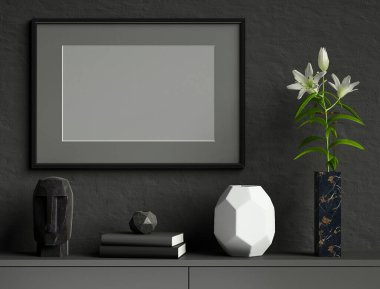 Siyah, mermer vazoda zambak çiçeği, kitaplar, geometrik kaplar, baş heykel; manzara oryantasyonu; şık çerçeve modeli; 3 boyutlu tasvir, 3 boyutlu çizim