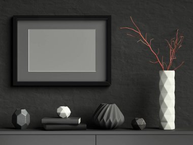 Siyah, beyaz seramik vazo, dallar, kitaplar ve geometrik kaplar, manzara yönelimi, şık çerçeve modelleme arkaplanı, üç boyutlu tasvir, üç boyutlu resimleme ile koyu alçı duvardaki poster çerçevesini taklit eder.