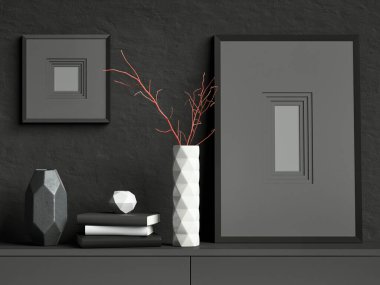 İki siyah poster çerçevesi koyu alçı duvarda beyaz seramik vazo, dallar, kitaplar ve geometrik kaplar ile; şık kare ve dikdörtgen resim çerçeveleri; üç boyutlu tasvir, üç boyutlu resimleme