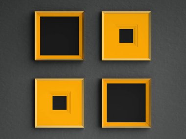 Dört kare turuncu çerçeve siyah alçı duvardaki poster çerçeveleri; çerçeve sosyal medya, harf, sanat ve tasarım için poster veya fotoğraf çerçevesi için arka plan maketi; 3D görüntüleme, 3D illüstrasyon