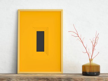 Turuncu, ahşap rafta cam bir vazoda dalları olan beyaz alçı duvardaki poster çerçevesini taklit eder; portre yönelimi; 3D resmetme, 3D illüstrasyon