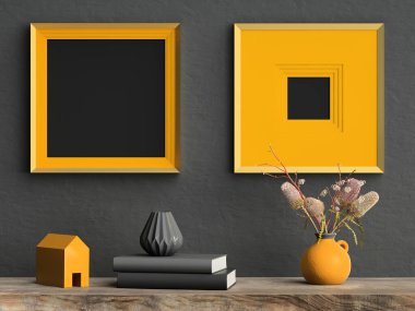 Siyah alçı duvarda iki kare turuncu poster çerçevesi, saksıda çiçekler, ahşap rafta kitaplar ve vazo; 3 boyutlu tasvir, 3 boyutlu resimleme