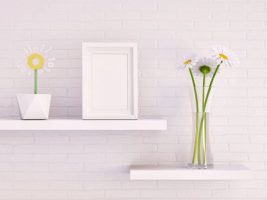 Resim çerçevesi ve beyaz gerbera papatyalarını cam vazoda, dijital çiçekle birlikte beyaz tuğla duvara karşı 3D çizim, 3D illüstrasyon
