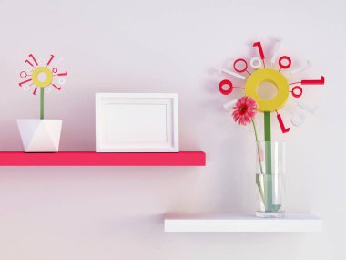 Resim çerçevesi ve kırmızı gerbera papatyasını pembe raftaki cam vazoda dijital çiçekle beyaz arkaplan 3D görüntüleme, 3D illüstrasyon