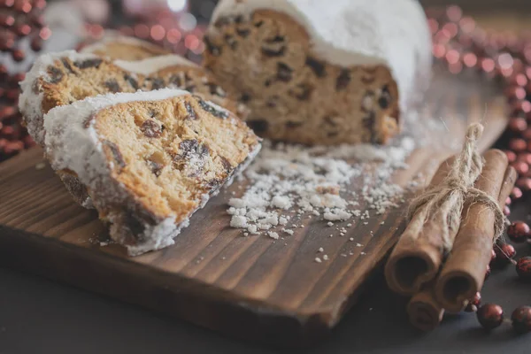 Traditional Christmas Stollen Made Dried Fruits Nuts Sprinkled Powdered Sugar — Stock Photo, Image