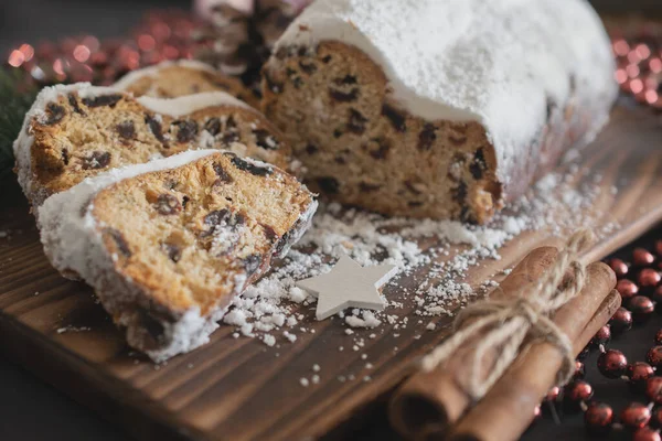 Traditional Christmas Stollen Made Dried Fruits Nuts Sprinkled Powdered Sugar — Stock Photo, Image