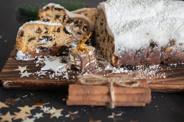 Traditional Christmas Stollen Made Dried Fruits Nuts Sprinkled Powdered Sugar — Stock Photo, Image