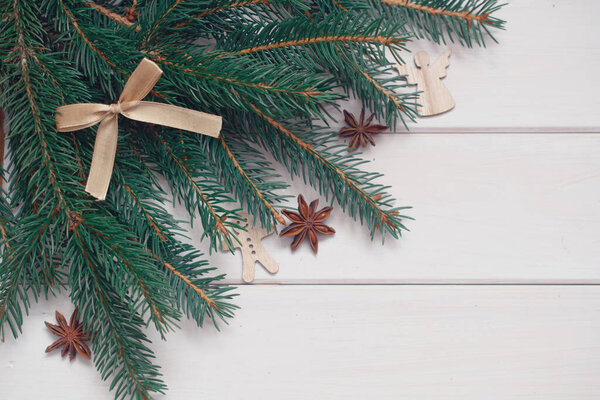 Spruce branch on a white background. Christmas background.