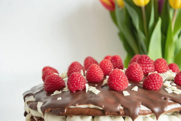 Gâteau Chocolat Aux Framboises Beau Fond Recettes Dessert — Photo