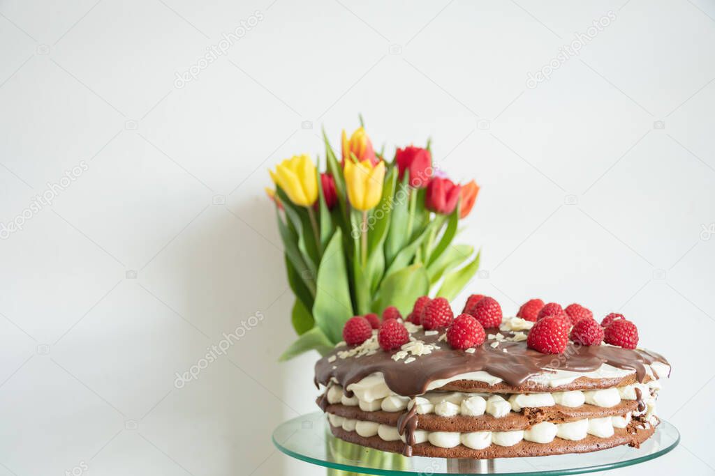 Chocolate cake with raspberries, beautiful background, recipes, dessert