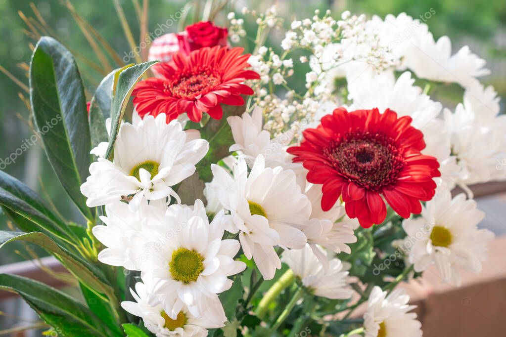 A beautiful bouquet of white chrysanthemums close-up