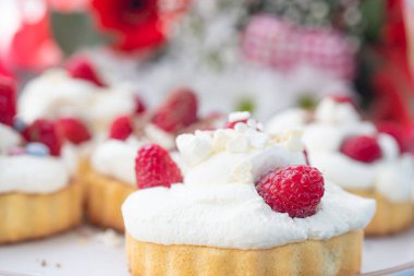 Ahududulu bisküvi ve kremalı tatlı, ahududulu tatlı, kek, brownie