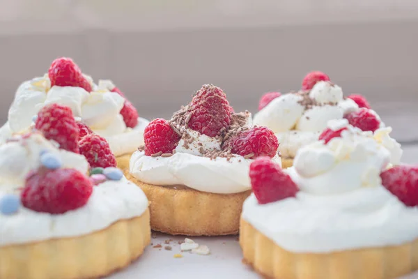 Raspberry Biscuit Cream Dessert Sweet Dessert Raspberries Cake Brownie — Stock Photo, Image