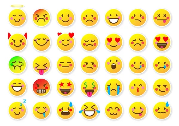 Emoji Gesicht Aufkleber Stimmung Web-Abzeichen gelb flach Set — Stockvektor