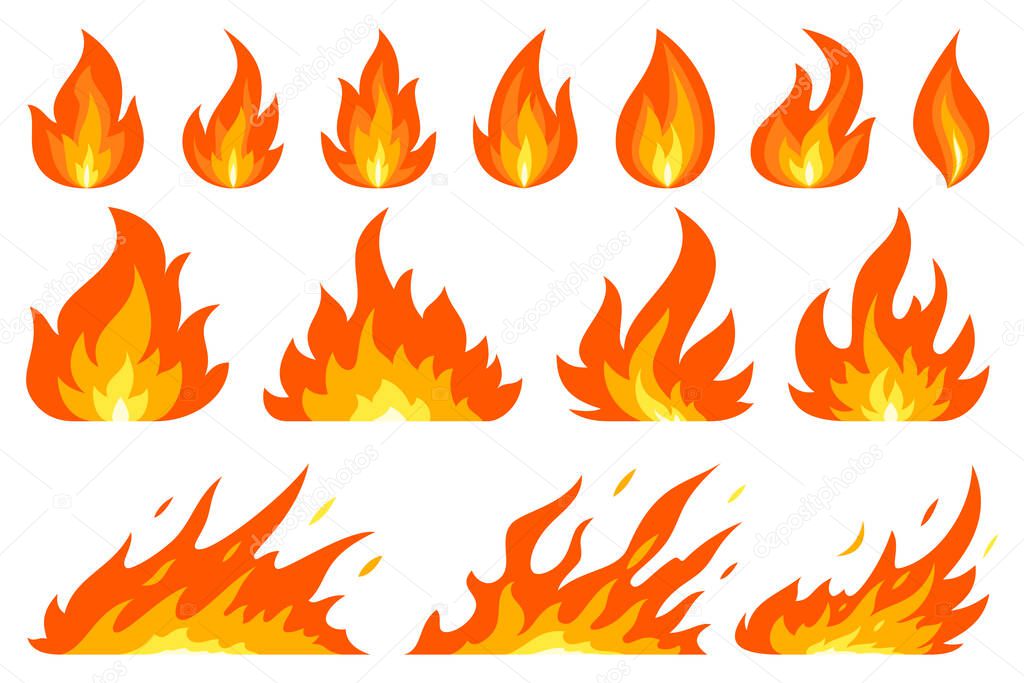 Fire bonfire ignition flame blaze red flat set. Collection sign danger ignition object forest fires liquid. Bright drawing cartoon poster instruction example orange flammable icon isolated on white