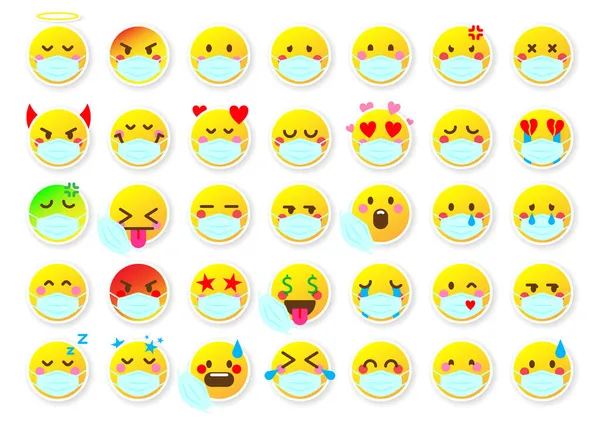 ( 영어 ) Emoji face sticker virus mood badge color flat set — 스톡 벡터