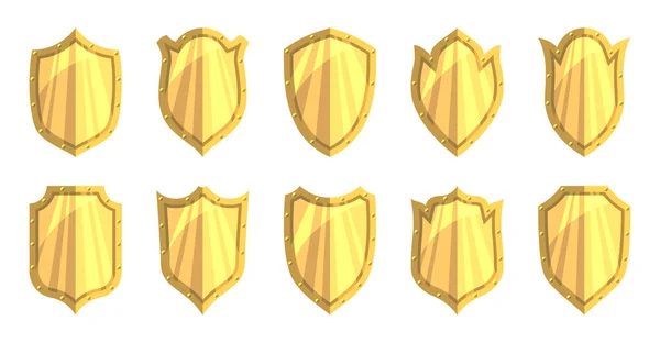 Gouden schild te beschermen bewaker platte pictogram set — Stockvector