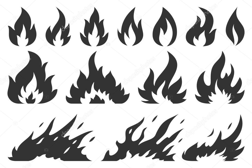 Fire bonfire ignition flames black silhouette set. Stamp flame energy fiery explosion hot outline warning symbols. Collection sign icon danger ignition object forest fires flammable isolated on white