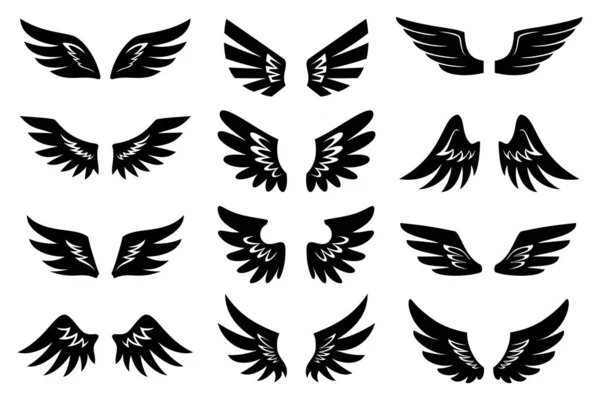 Ангельський штамп крила друкує татуювання форми чорного набору піктограм — стоковий вектор