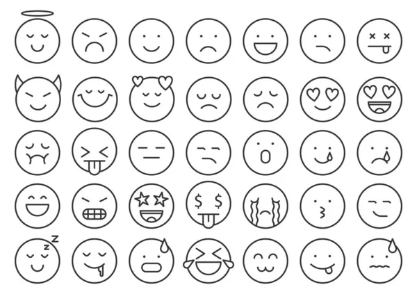 Emoji gezicht emotie pictogram eenvoudige zwarte lijn set — Stockvector