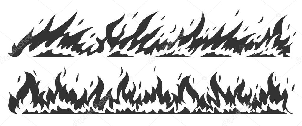 Fire bonfire border flames black silhouette set. Stamp flame energy fiery explosion hot outline warning symbols. Collection sign icon danger ignition object forest fires flammable isolated on white