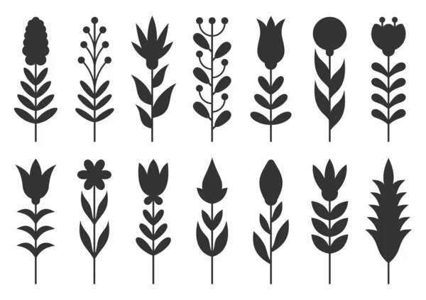 Flower leaf berry plant bloom black silhouette set — Vetor de Stock