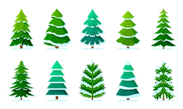 Arbre de Noël neige hiver forêt vert bande dessinée ensemble — Image vectorielle