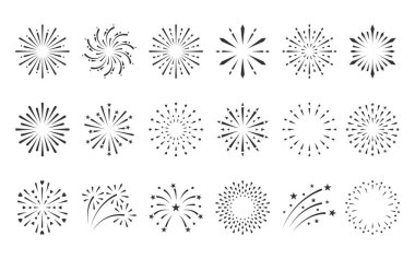 Havai fişekler parıldıyor. Güneş doğuyor. Siyah siluet seti.