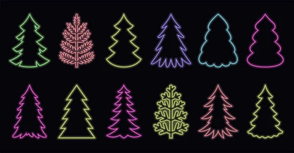 Neon jul träd semester banner skylt platt set — Stock vektor