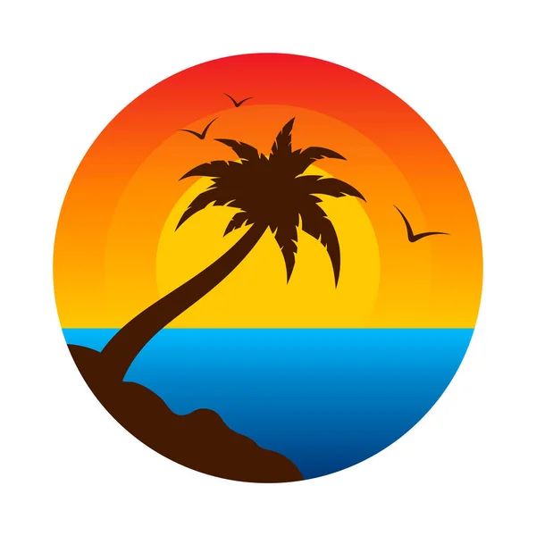 Tropische Palmen Landschaft Meer Brandung Logo flach — Stockvektor