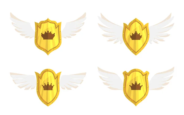 Gold shield wing crown heraldic safety flat set —  Vetores de Stock