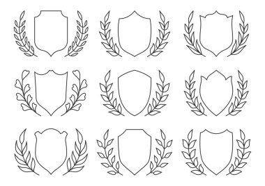 Shield wreath heraldic banner logo black line set