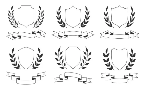 Shield wreath ribbon emblem banner black glyph set —  Vetores de Stock